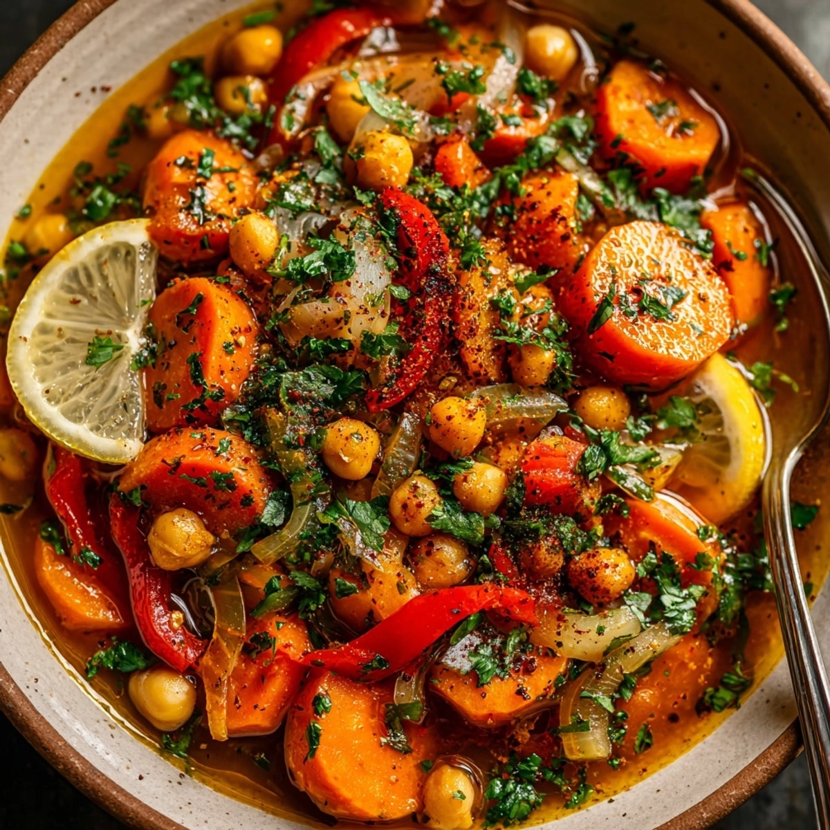 Steaming bowl of Moroccan-Spiced Chickpea and Sweet Potato Stew, garnished with fresh cilantro for a delightful vegetarian dinner.