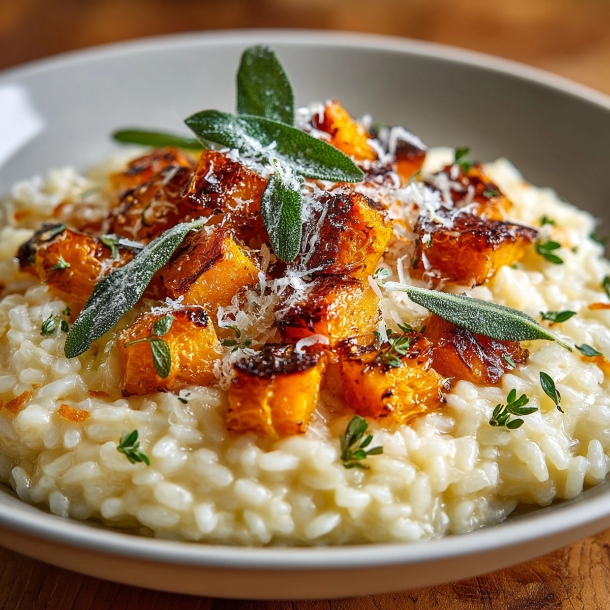 Creamy roasted pumpkin and sage risotto, a comforting Italian dish topped with crispy sage.
