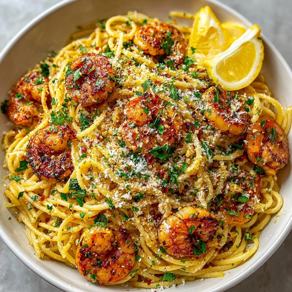 Golden 15-Minute Garlic Butter Shrimp Pasta, glistening with a buttery sauce and garnished with parsley.