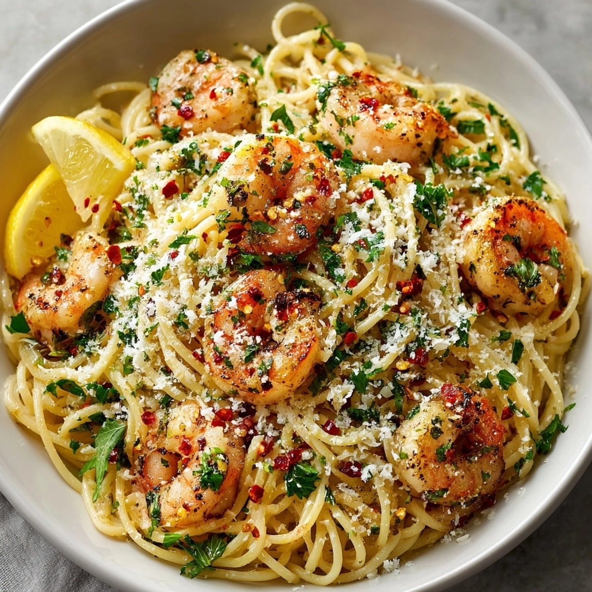 A steaming bowl of 15-Minute Garlic Butter Shrimp Pasta, ready and generously portioned for serving.