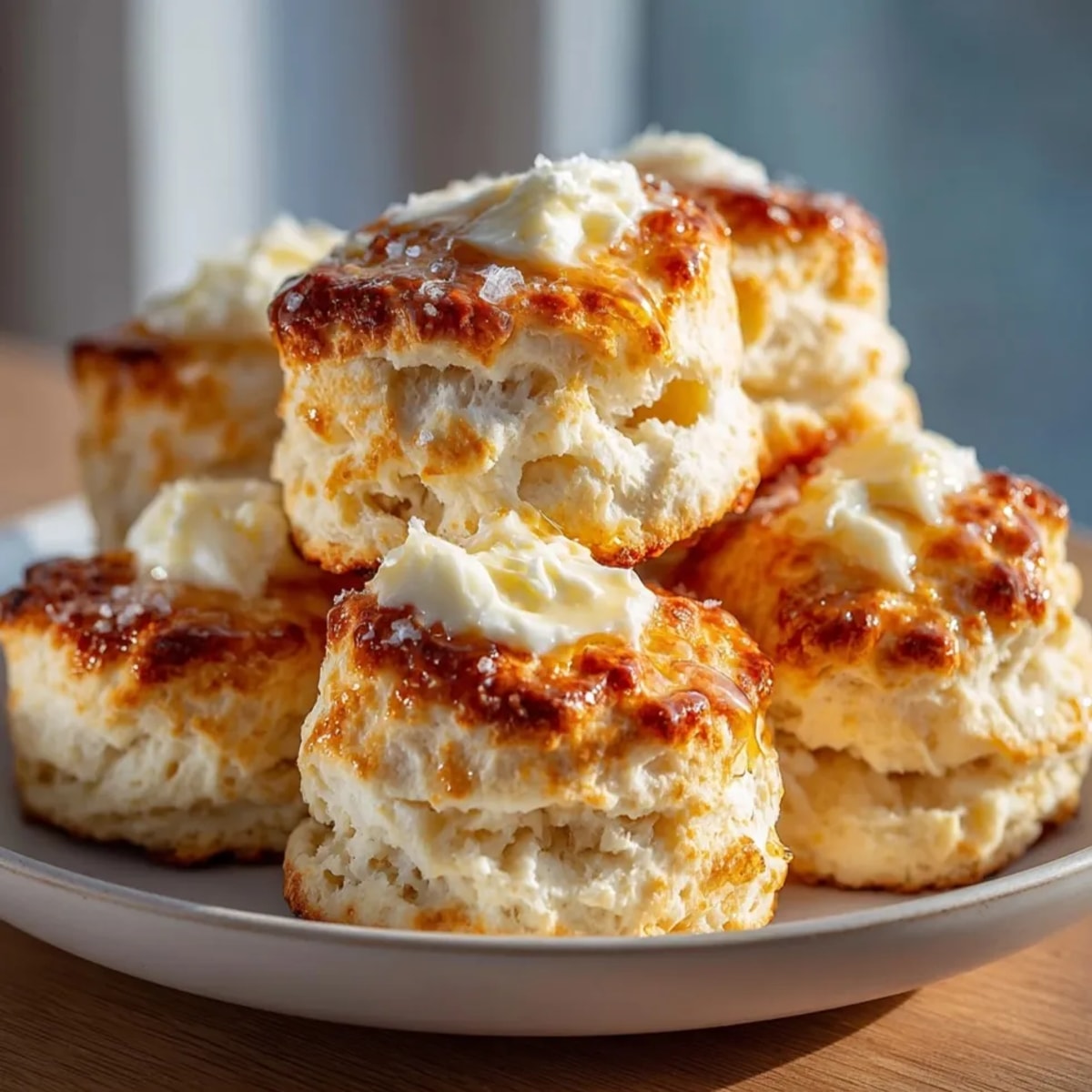 Golden, fluffy Classic Buttermilk Biscuits, fresh from the oven, served with sweet honey butter.