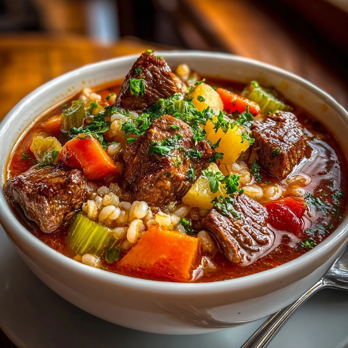 Steaming bowl of Hearty Beef and Barley Soup brimming with tender beef and rich broth, ready to eat.