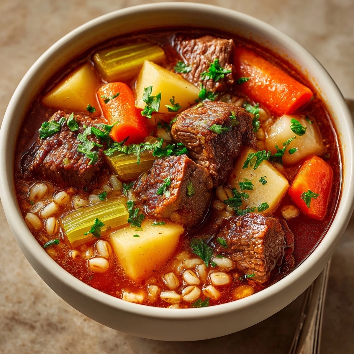 A close-up image showcases the rustic Hearty Beef and Barley Soup with a garnish of fresh parsley on top.