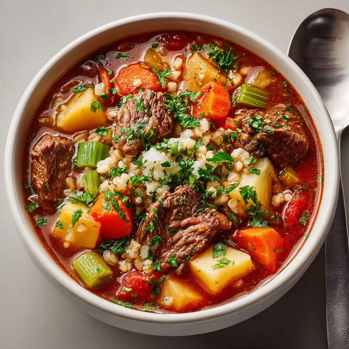 Warm and savory, this Hearty Beef and Barley Soup features soft vegetables and juicy beef stew pieces.