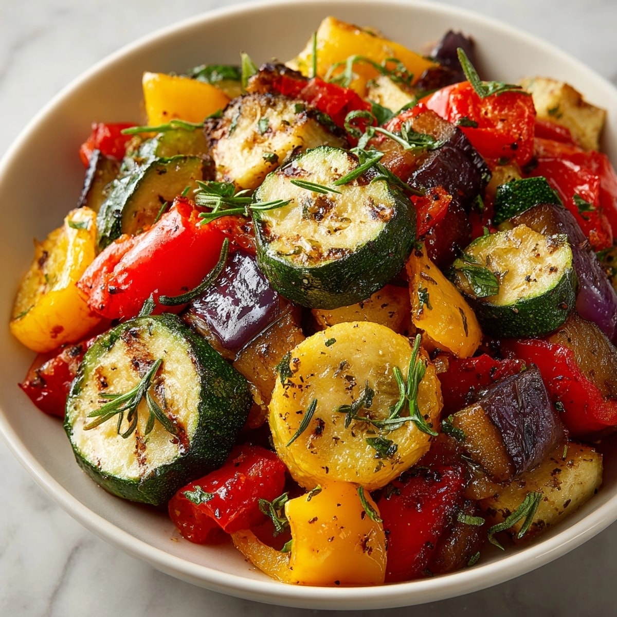 Fragrant Rustic Ratatouille, a French vegetable stew, is simmering with fresh summer herbs.