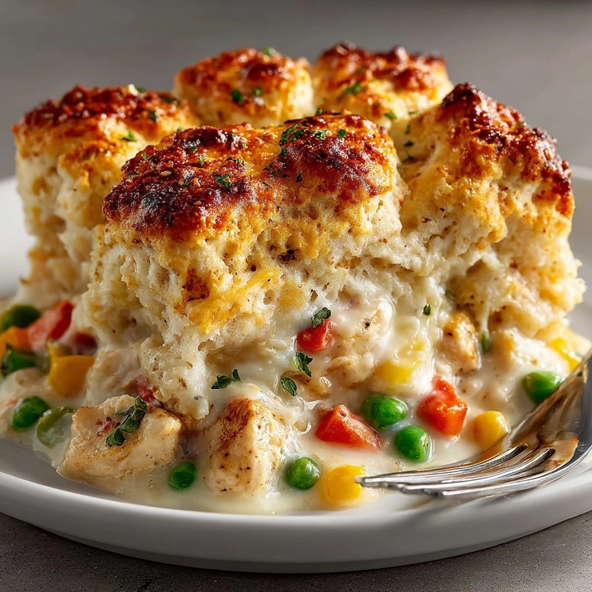 A steaming, delicious close-up of Chicken Pot Pie Casserole showing its creamy, savory filling.