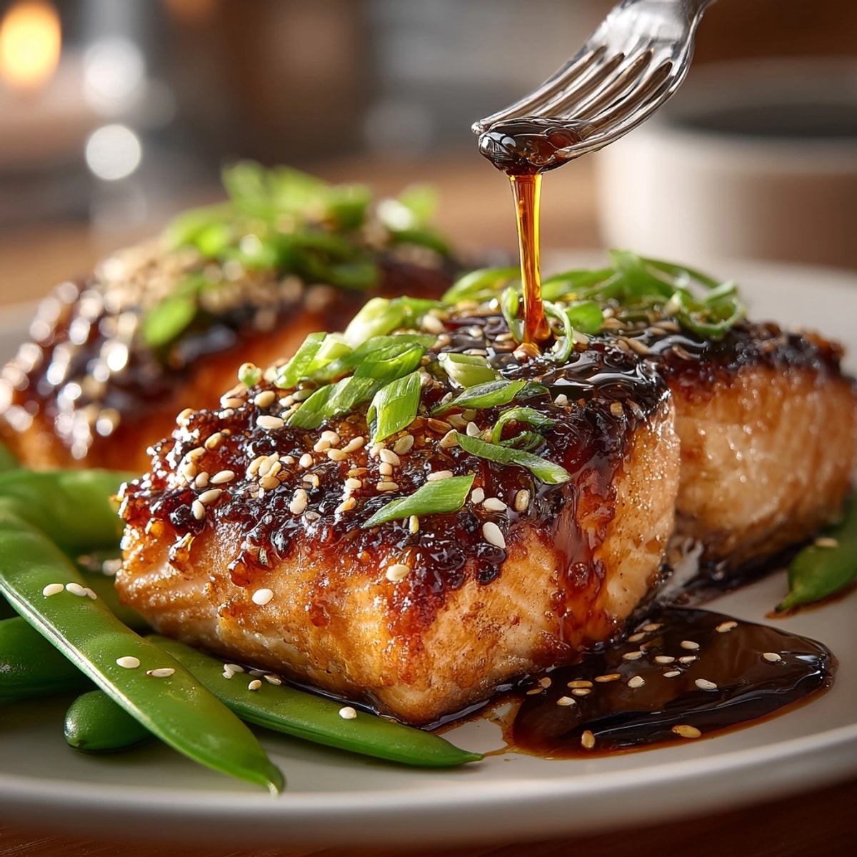 Close-up of Quick Ginger-Sesame Glazed Salmon, glistening with glaze, beside bright green snap peas.