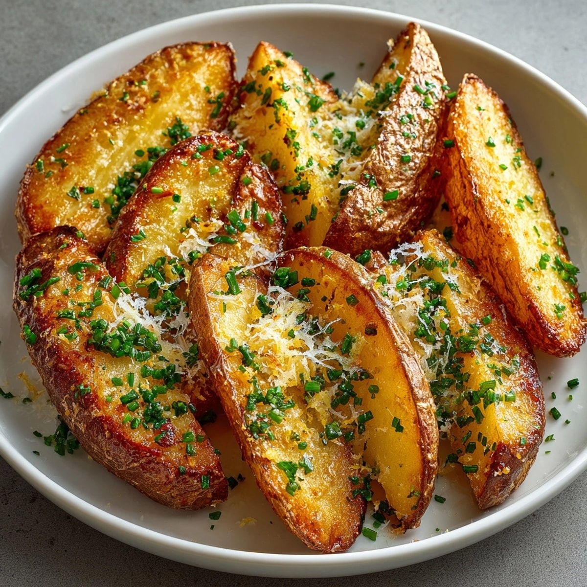 Golden-brown baked cheddar and herb potato wedges, steaming, with melted cheese and fresh herbs sprinkled on top.