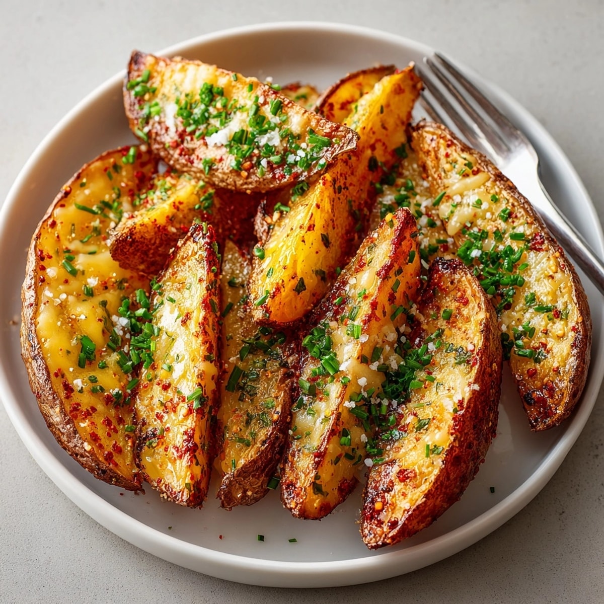 A close-up of crispy Baked Cheddar and Herb Potato Wedges, perfect for sharing as a delicious vegetarian side.