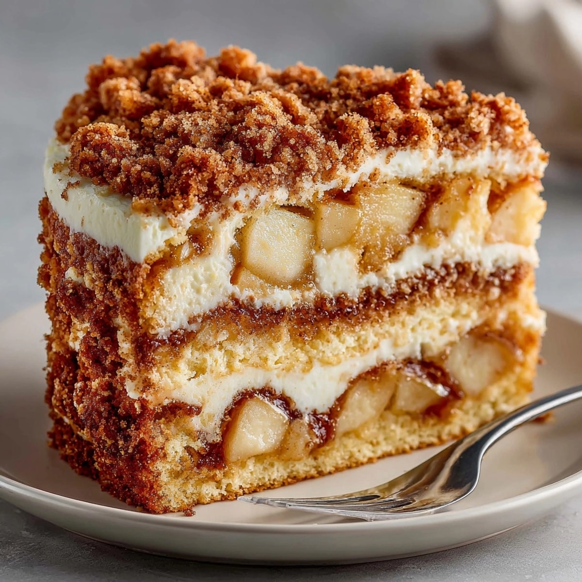Warm and inviting: a slice of Homestyle Apple Cinnamon Coffee Cake with crumbly topping, ready to enjoy.