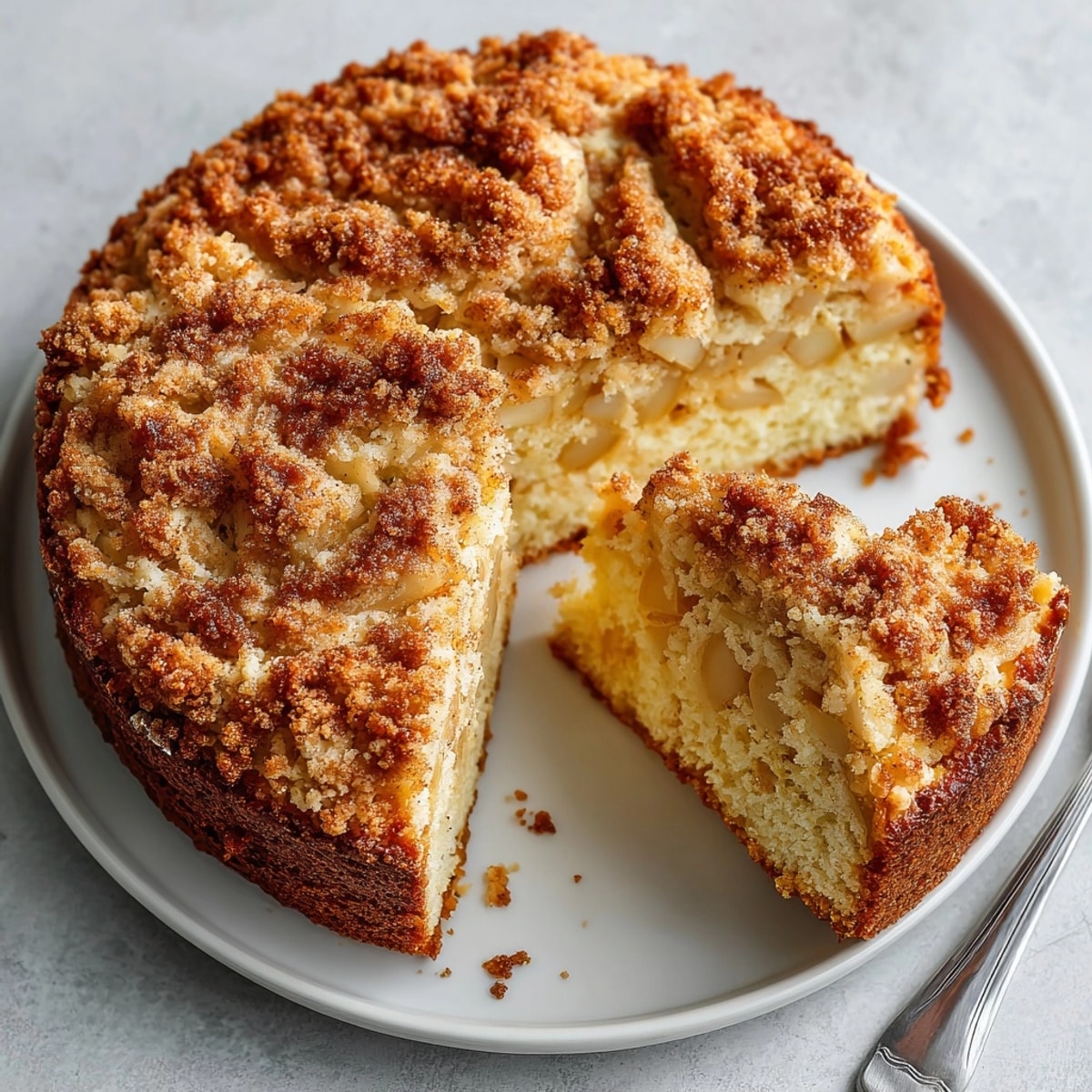 Golden-brown Homestyle Apple Cinnamon Coffee Cake, with a light, airy texture and a delightful, buttery crumble.