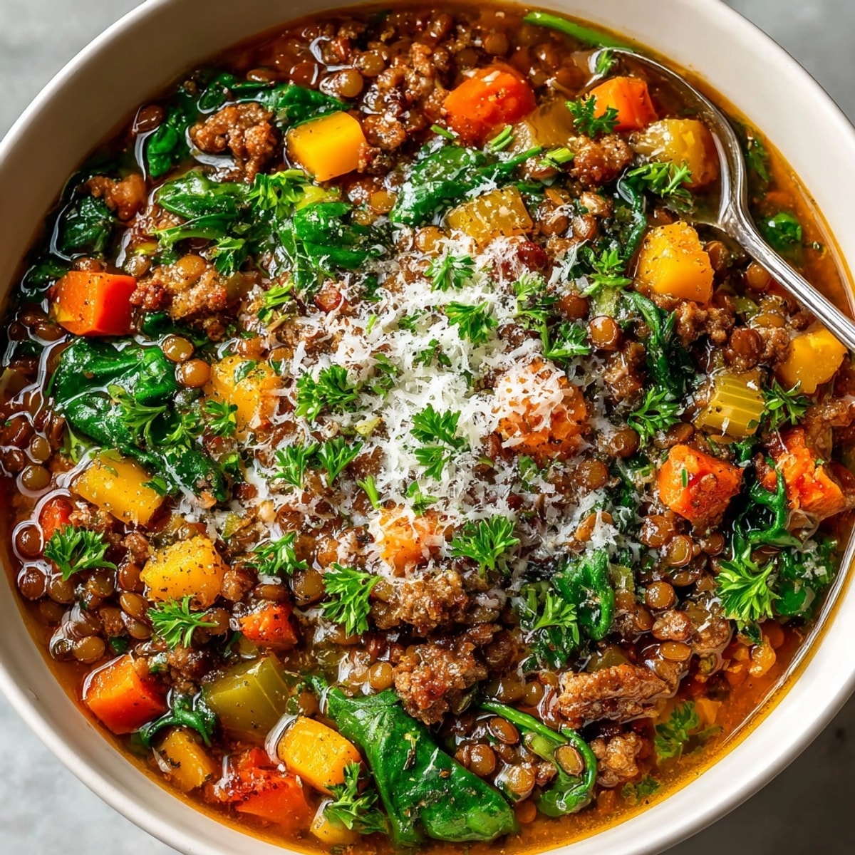 One-Pot Italian Sausage and Lentil Stew, a rustic, flavorful, and steaming bowl of hearty goodness.