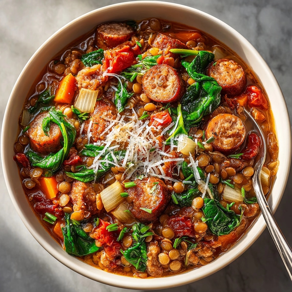 Savory One-Pot Italian Sausage and Lentil Stew, ready to be served with crusty bread for a delightful meal.