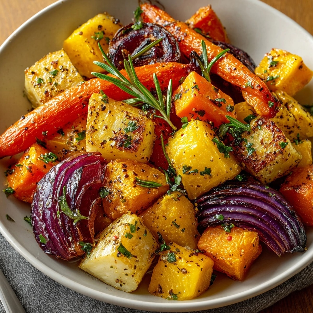 Golden-brown Seasonal Roasted Root Vegetables with Rosemary, a flavorful, comforting side dish perfect for fall.
