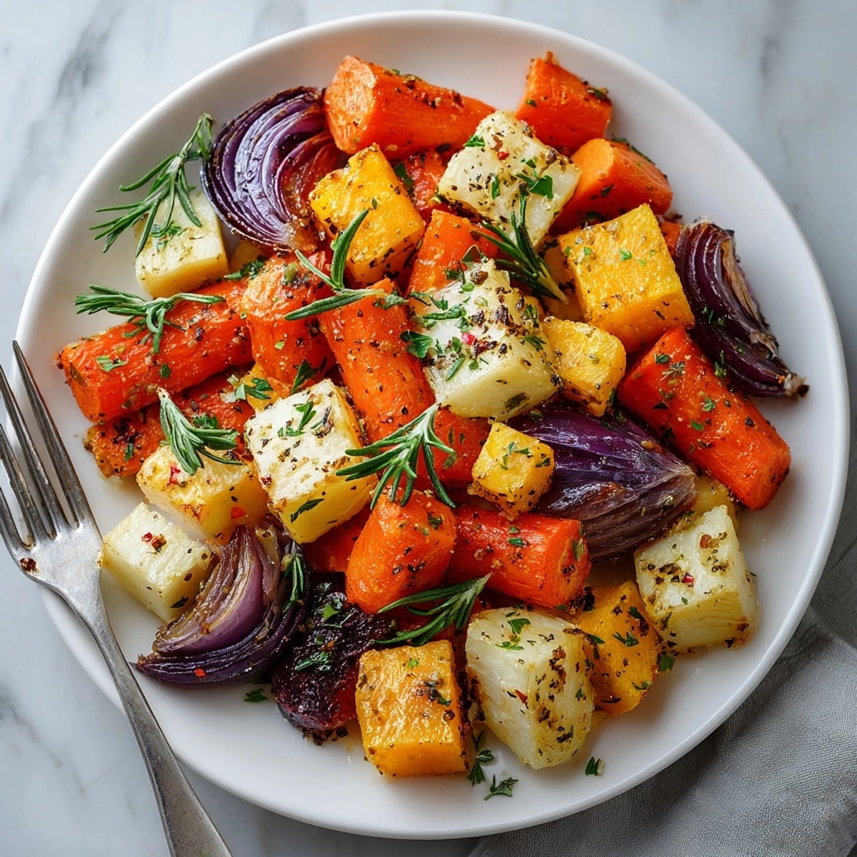 Aromatic, herb-infused dish: Close-up on roasted Seasonal Roasted Root Vegetables with Rosemary, ready to serve.