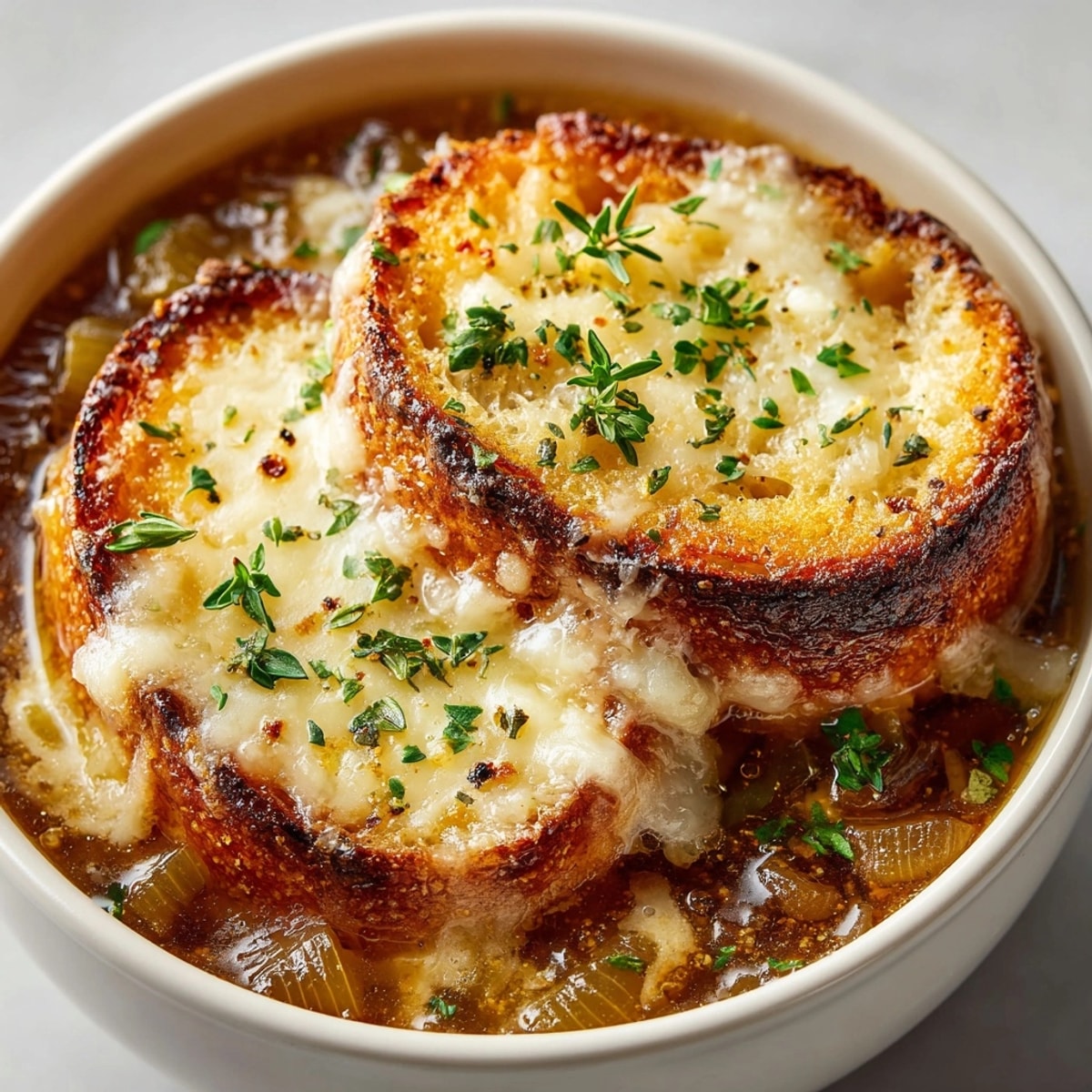 A steaming bowl of Slow Cooker French Onion Soup with golden, bubbly Gruyère toasts.