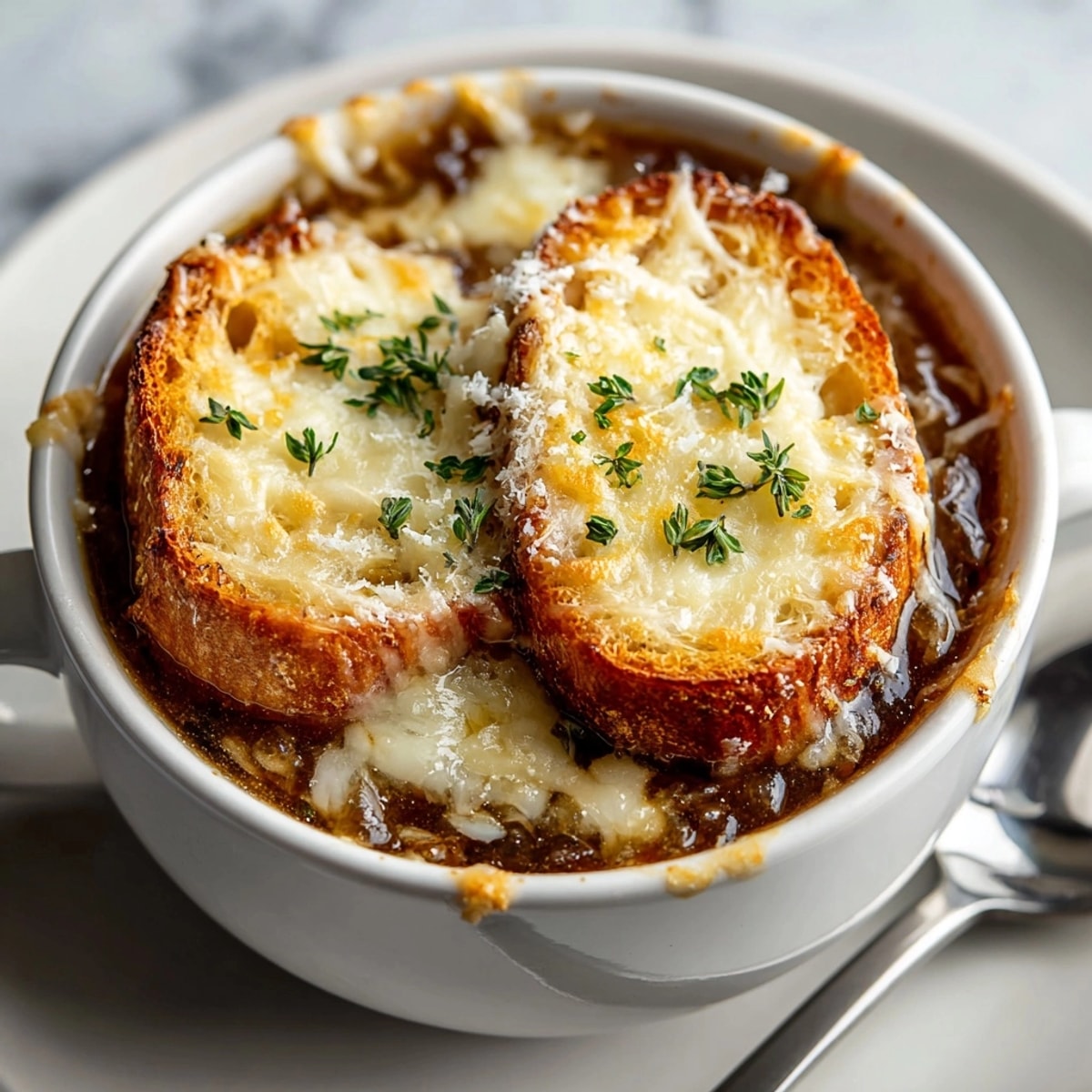 Close-up of melted Gruyère cheese atop toasted baguette slices, complementing the Slow Cooker French Onion Soup.