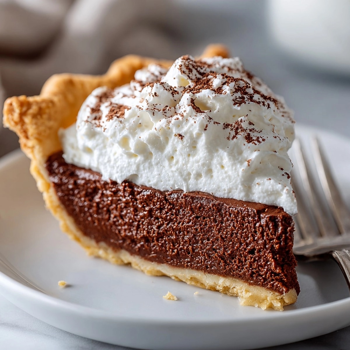 Decadent slice of Homestyle Chocolate Chess Pie topped with fluffy whipped cream, ready to eat.