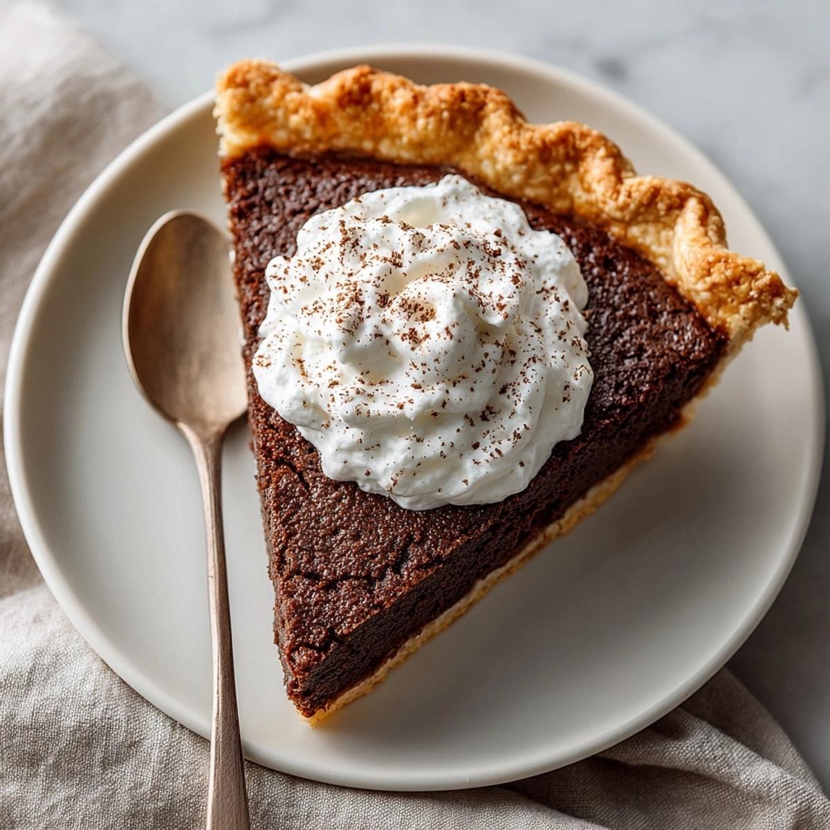 A slice of rich Homestyle Chocolate Chess Pie with a creamy, custardy texture, ready to serve.