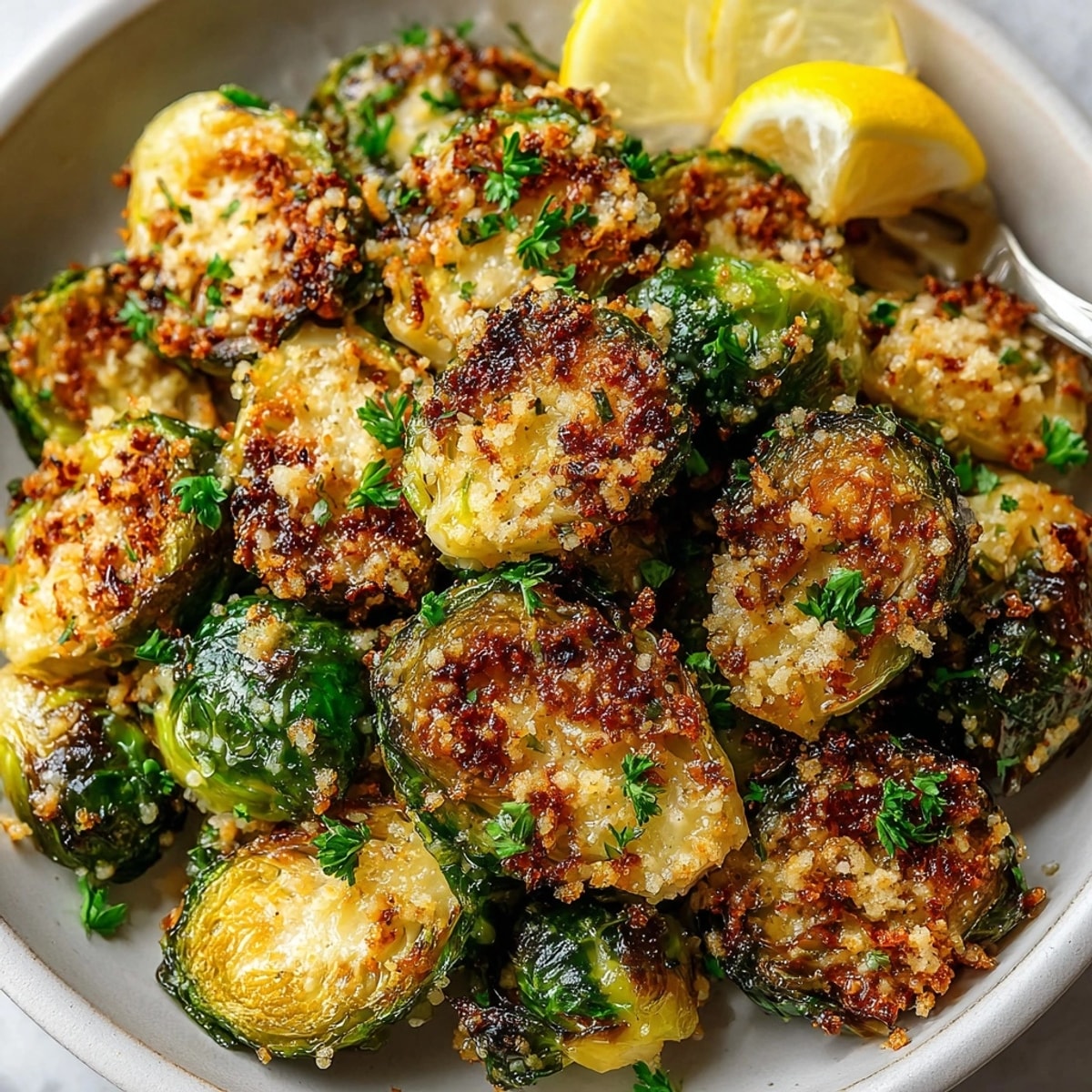 Golden Garlic Roasted Brussels Sprouts with Parmesan, crispy and browned, ready to eat with a sprinkle of fresh parsley.