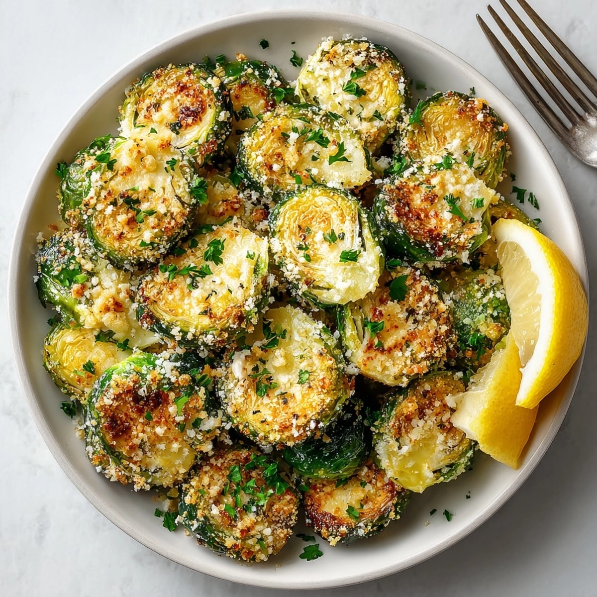 Imagine the aroma of these tasty Golden Garlic Roasted Brussels Sprouts straight from the oven, covered in melty cheese.