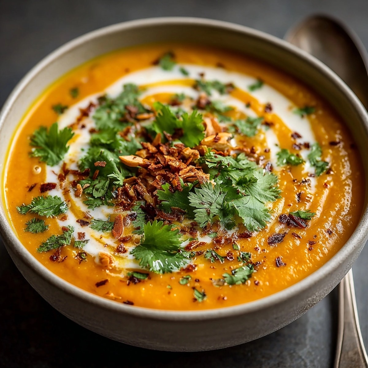 Steaming bowl of Carrot and Ginger Soup with Coconut Milk, garnished beautifully for flavor.