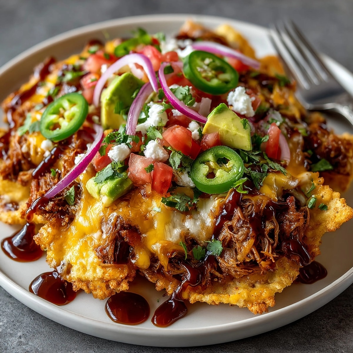 BBQ pulled pork nachos, a delicious game day appetizer with melted cheese and fresh toppings.