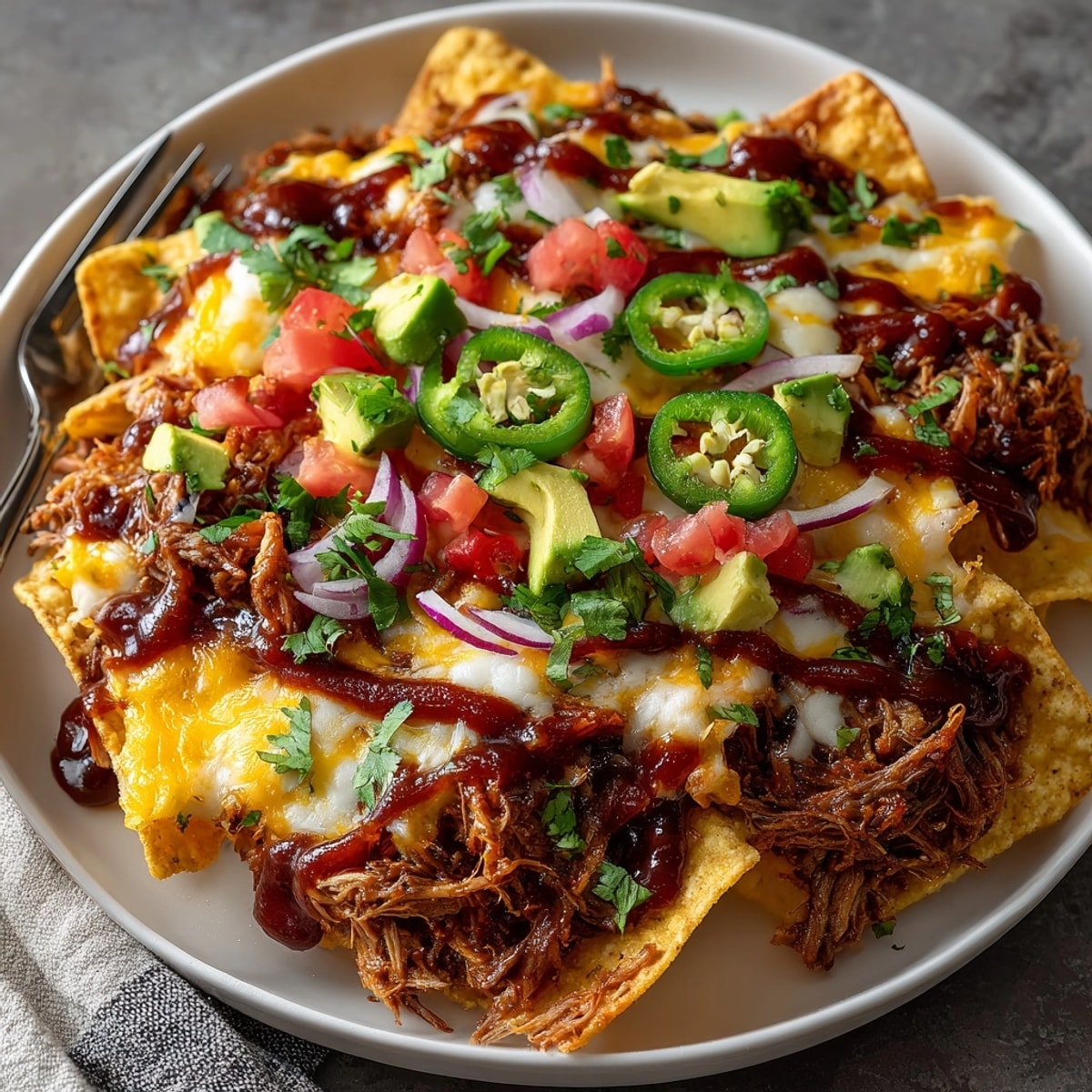 A close-up of sizzling BBQ pulled pork nachos, loaded with cheese and ready to serve immediately.