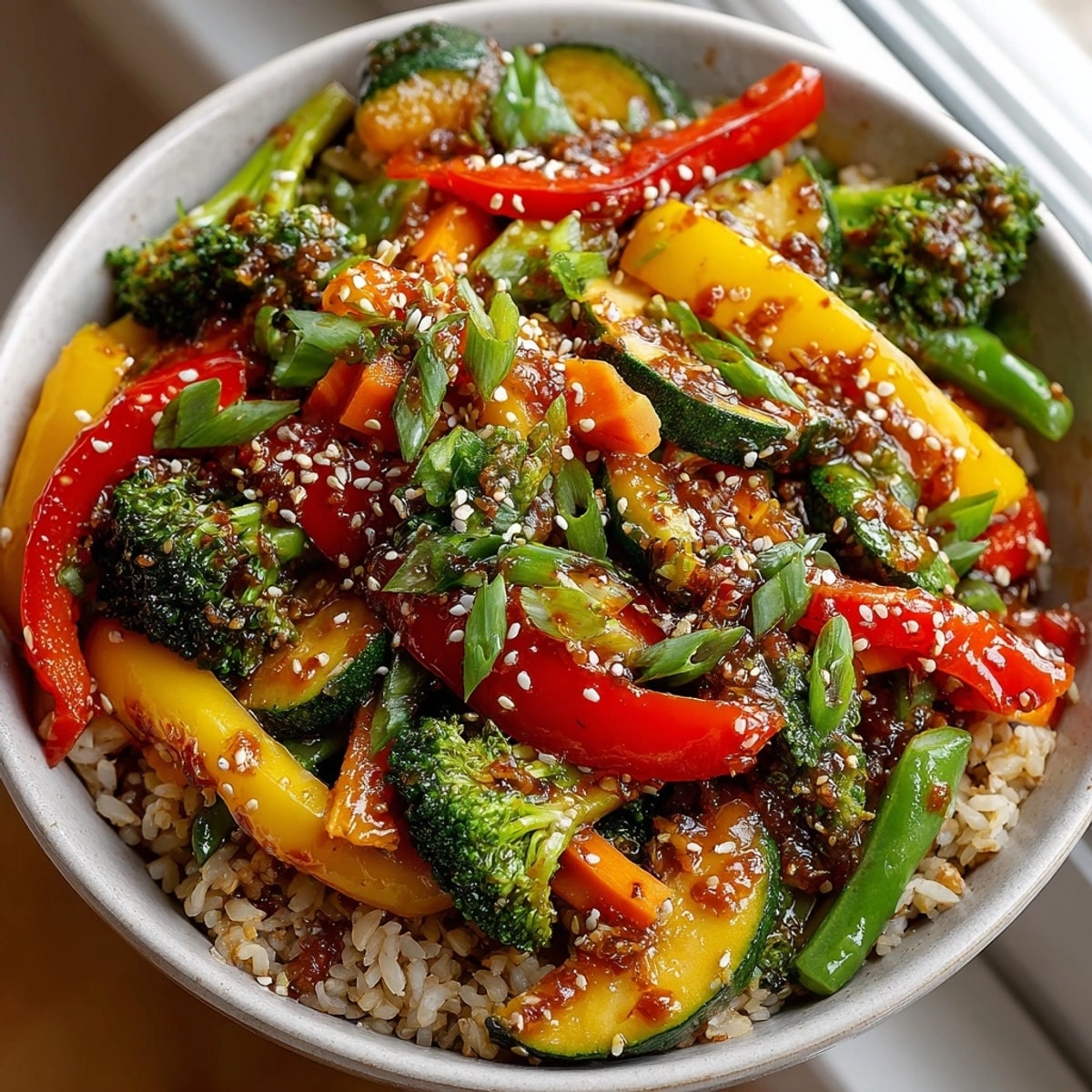 Colorful Veggie Stir Fry with Brown Rice, a healthy and delicious dinner, ready in minutes!