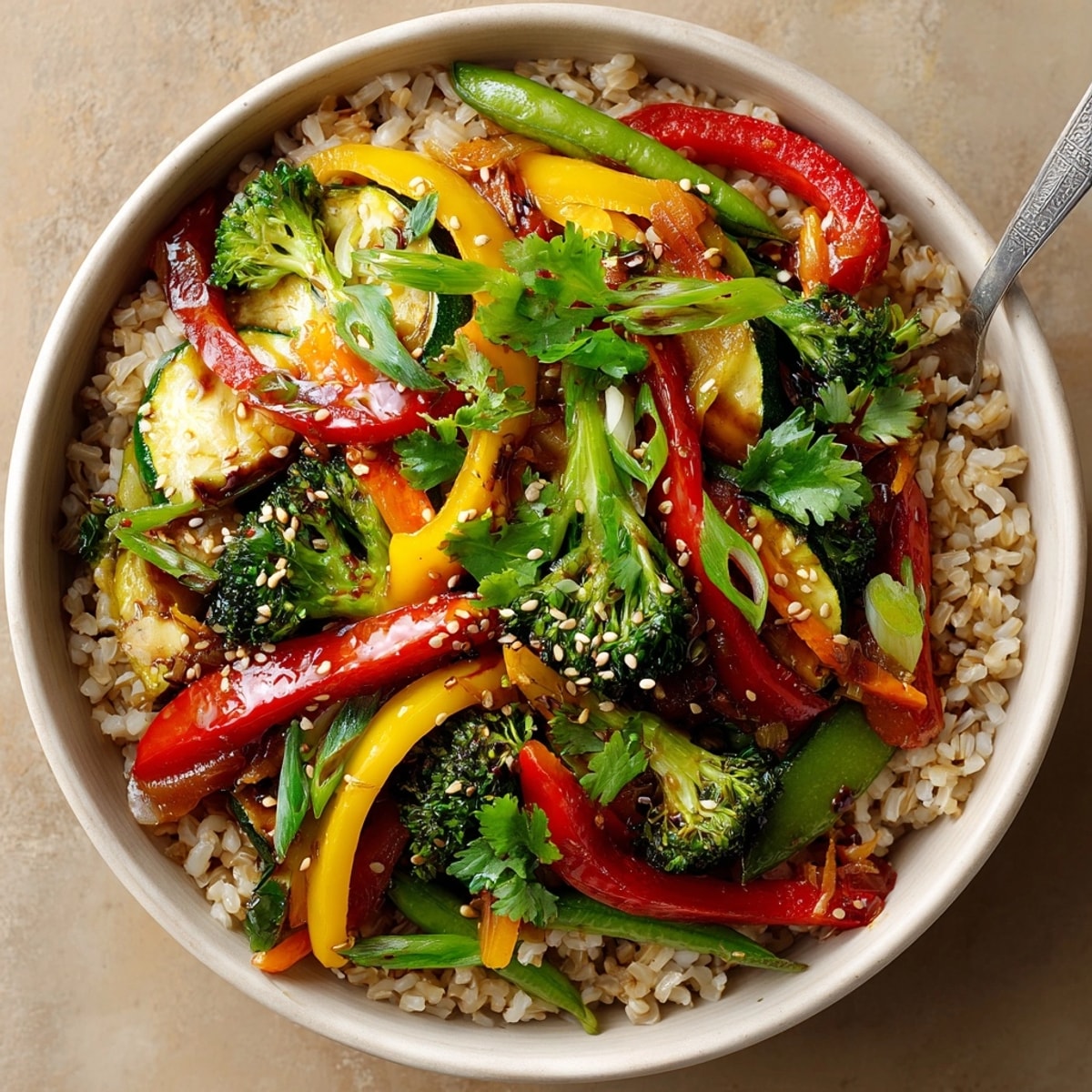 Steaming Veggie Stir Fry on brown rice, garnished with sesame seeds, a delightful vegetarian dish.