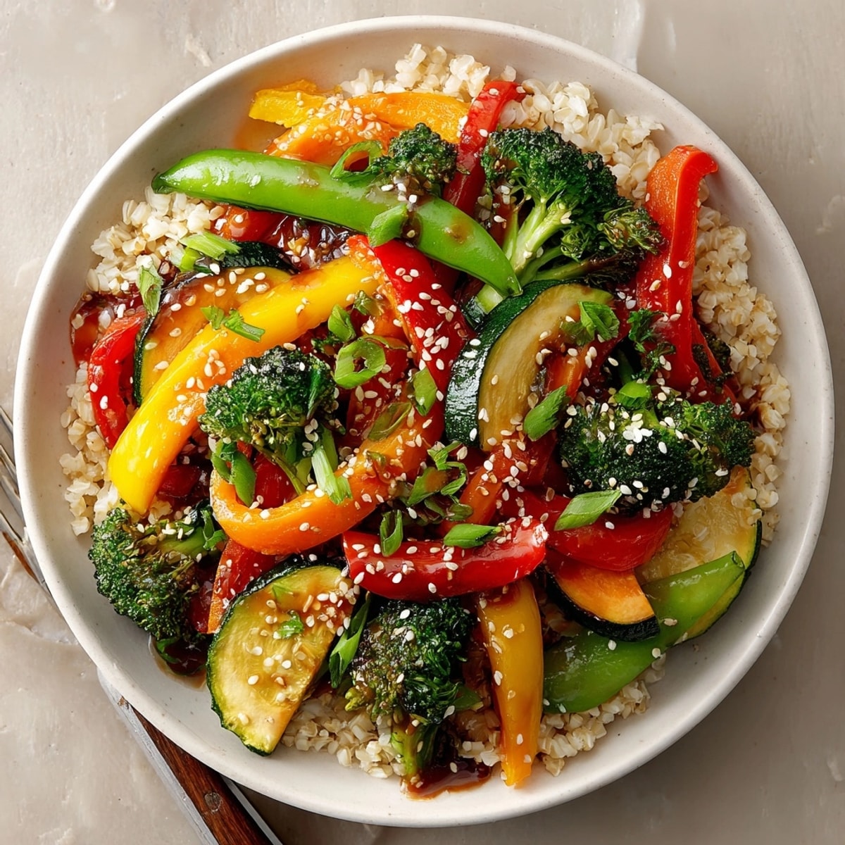 Vibrant close-up of Veggie Stir Fry over fluffy brown rice, offering a quick and flavorful meal.