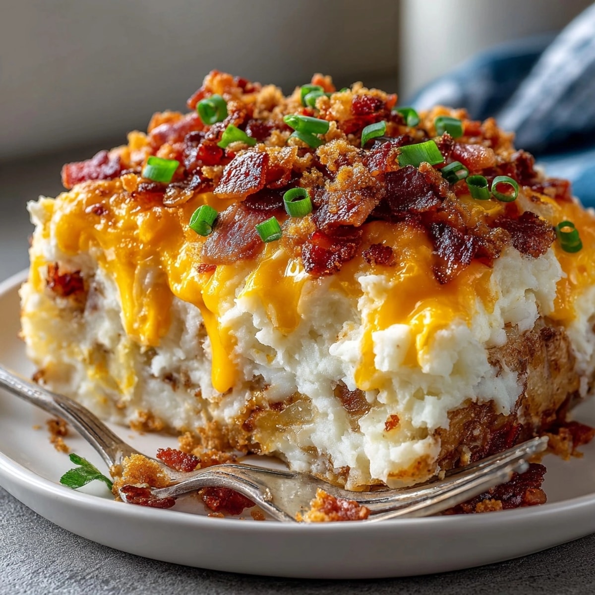 Golden, bubbly Loaded Baked Potato Casserole, topped with crispy bacon and fresh scallions.