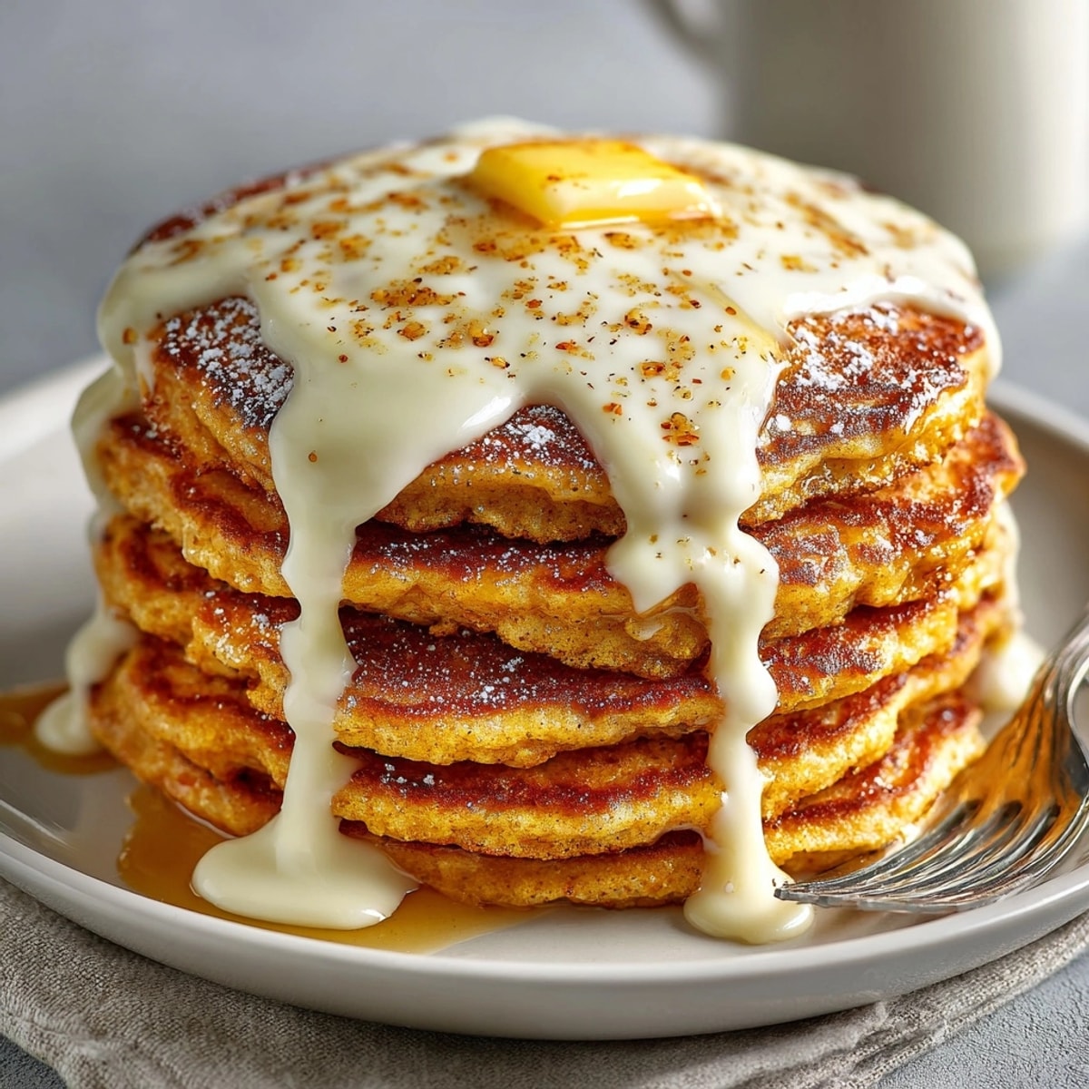 Stack of warm Gingerbread Pancakes with cream cheese drizzle, perfect for Sunday brunch.