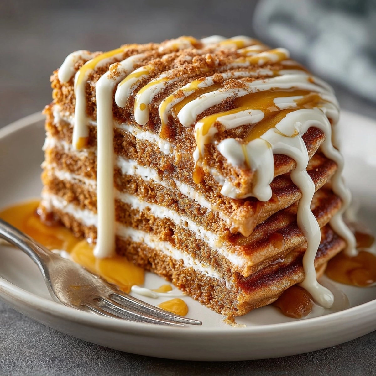 Golden-brown Gingerbread Pancakes: a delightful stack, generously drizzled with sweet cream cheese.