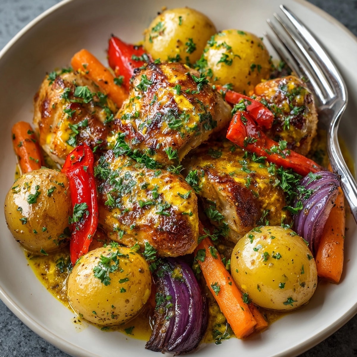 Golden brown honey mustard chicken with vibrant roasted vegetables on a serving platter; delicious dinner.