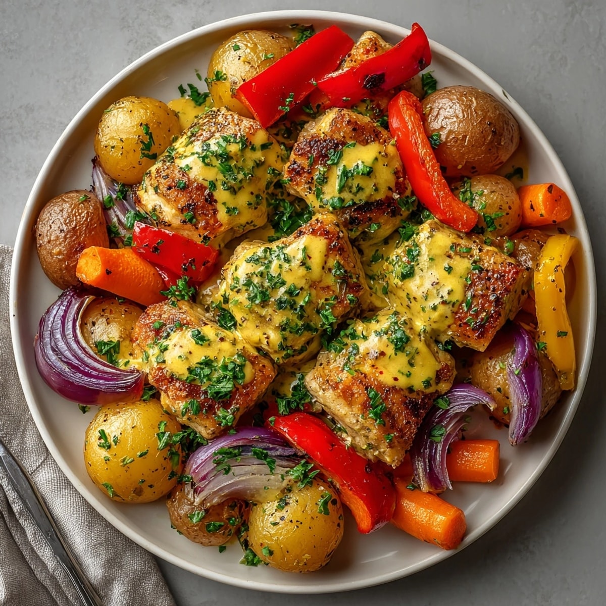 A complete, delicious meal: a honey mustard chicken and vegetables bake, ready to be served.