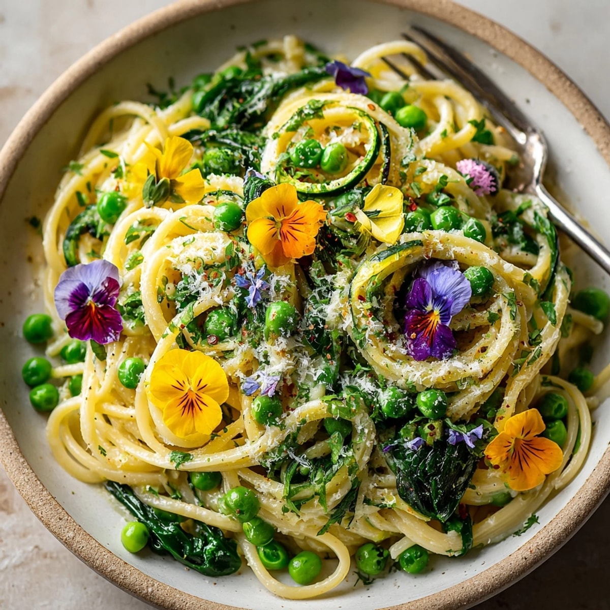 Delectable flower crown pasta dish, bursting with vibrant floral garnishes ready to enjoy.