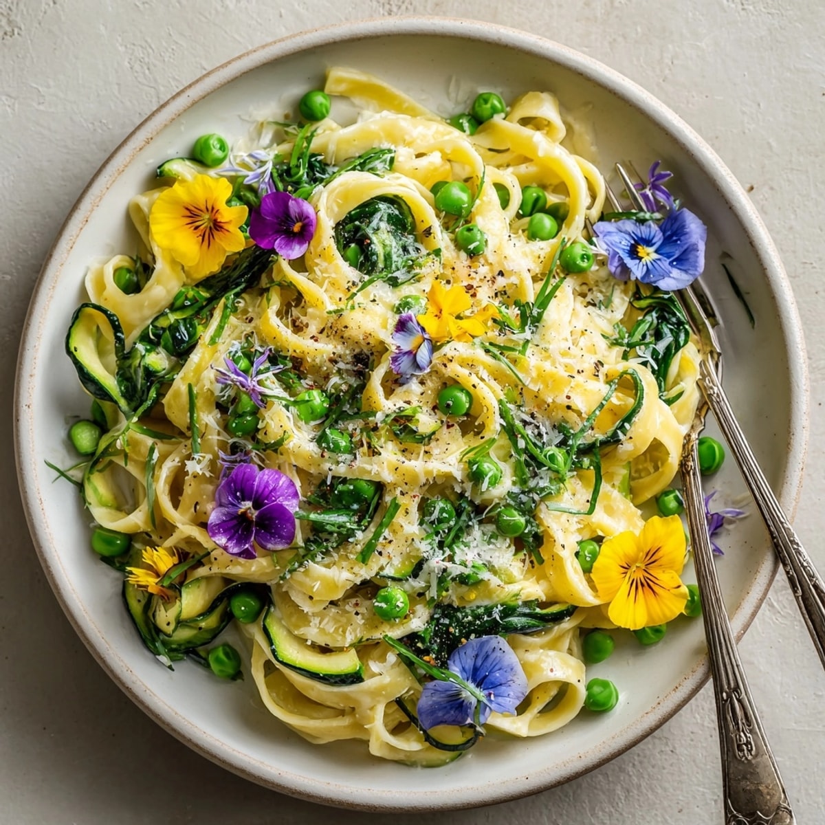 Plate of floral flower crown pasta, beautifully arranged and inviting for a vegetarian meal.