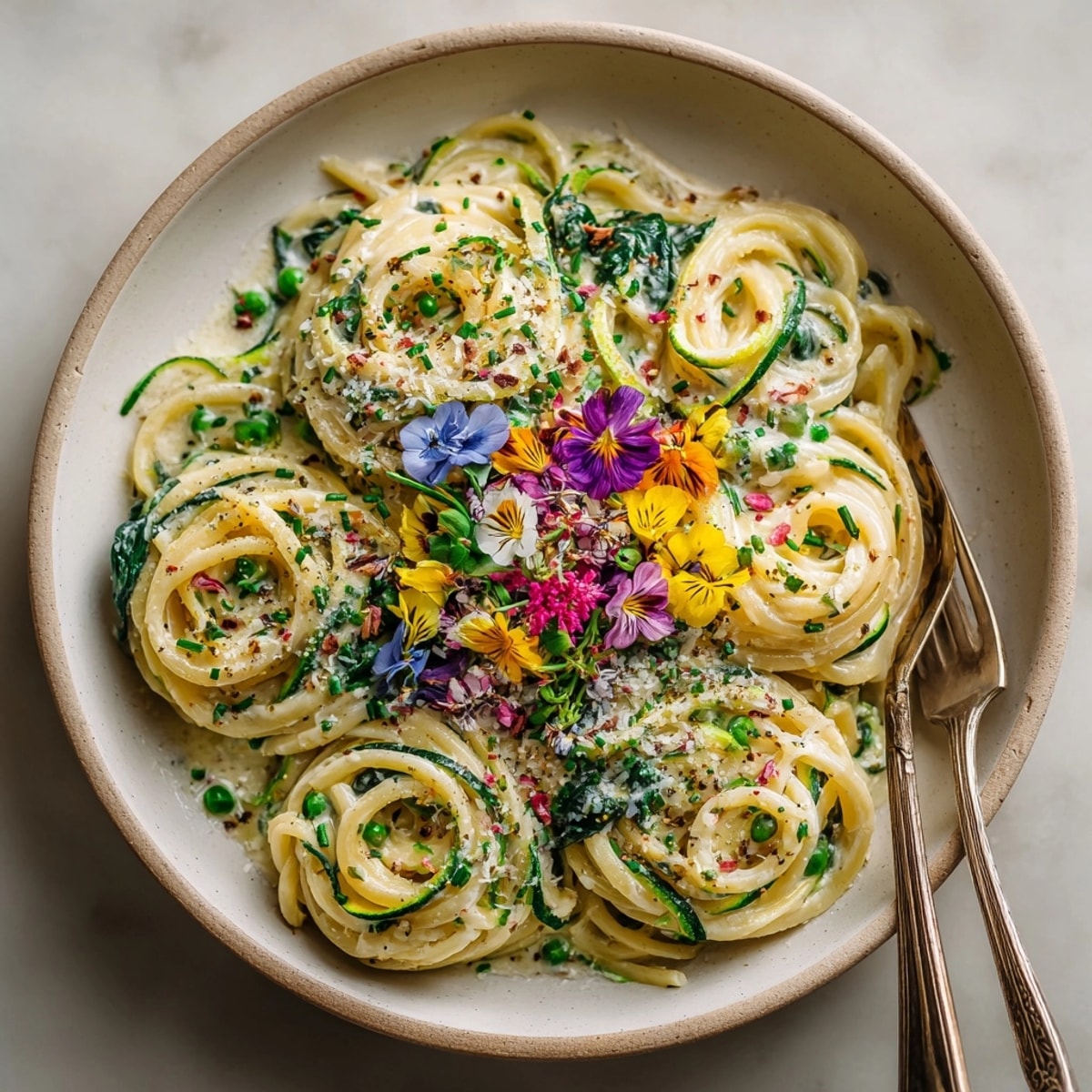 This creamy flower crown pasta with edible flowers looks fresh on the plate, ready to taste.