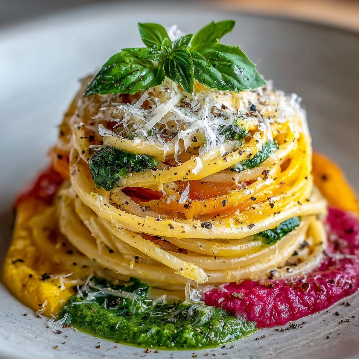 Ombre Pasta Bowl visually features a colorful gradient of sauces layered over pasta strands for dinner.