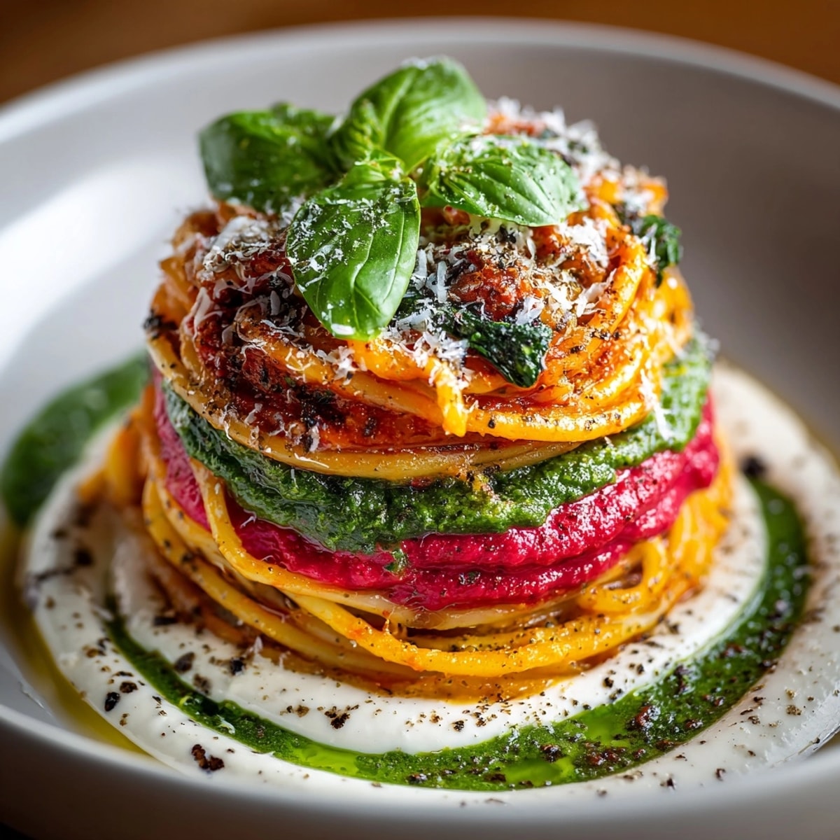 A close-up shot of the Ombre Pasta Bowl reveals the beautiful gradient sauce technique's layers.
