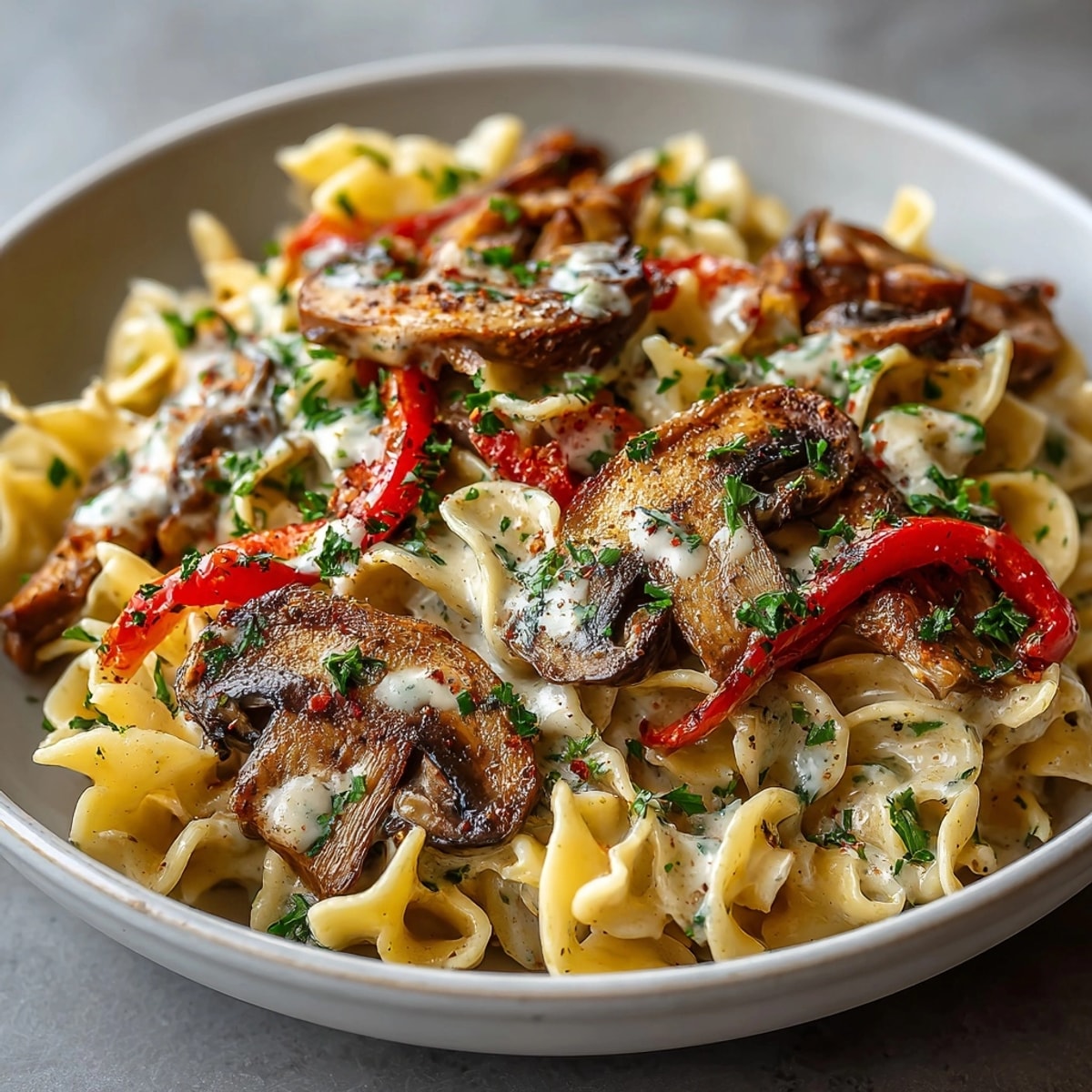 A creamy bowl of Portobello Stroganoff, garnished with parsley, promises a comforting meal.