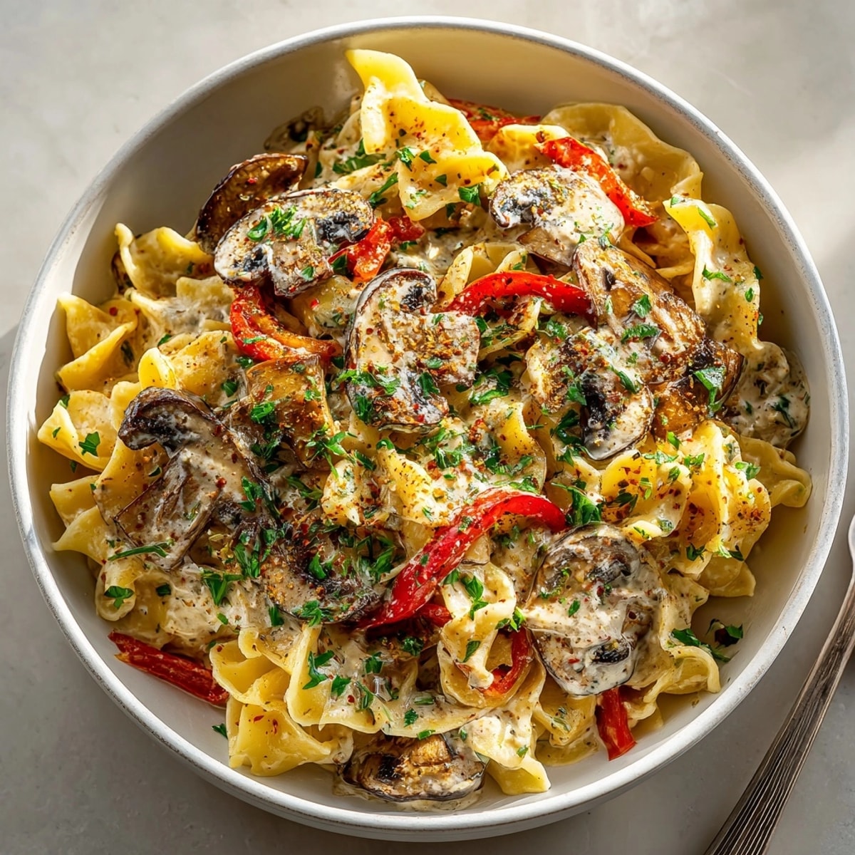 Close-up of rich Portobello Stroganoff with a creamy cashew sauce over pasta, ready to eat.