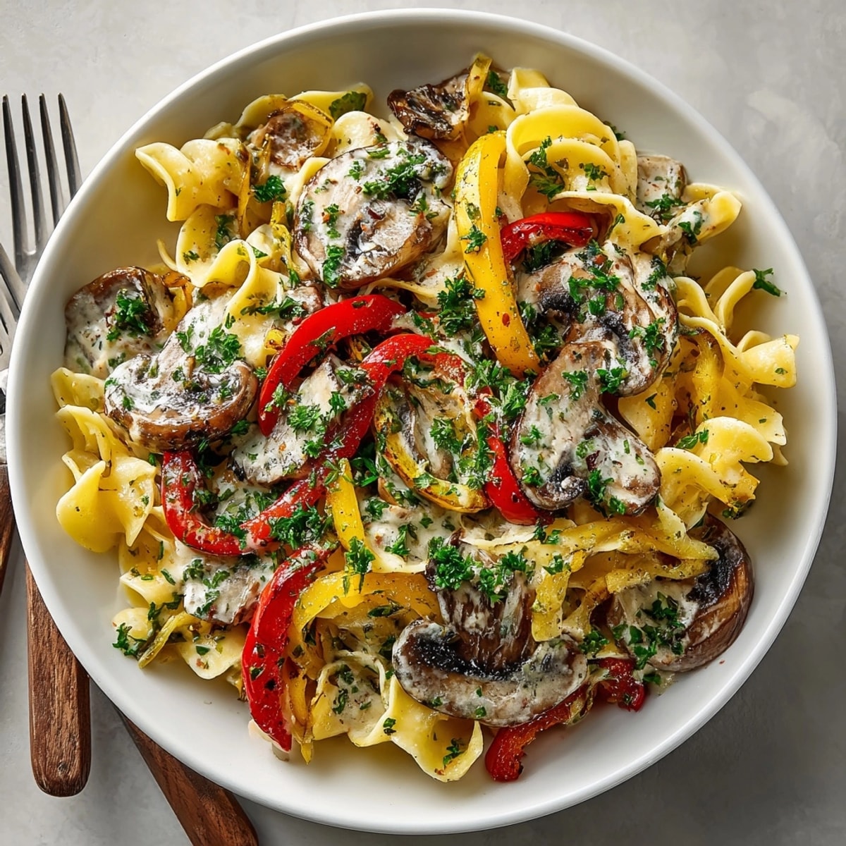 Hearty and inviting, the vegetarian Portobello Stroganoff is packed with savory flavors and served hot.