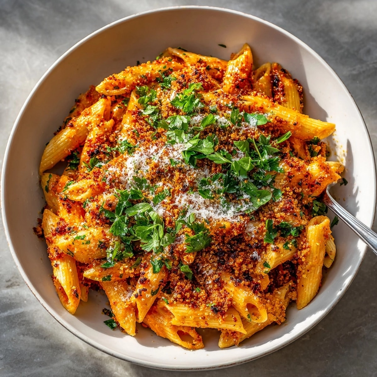 Spicy Ethiopian berbere pasta with crispy injera bread crumbs, ready to serve.