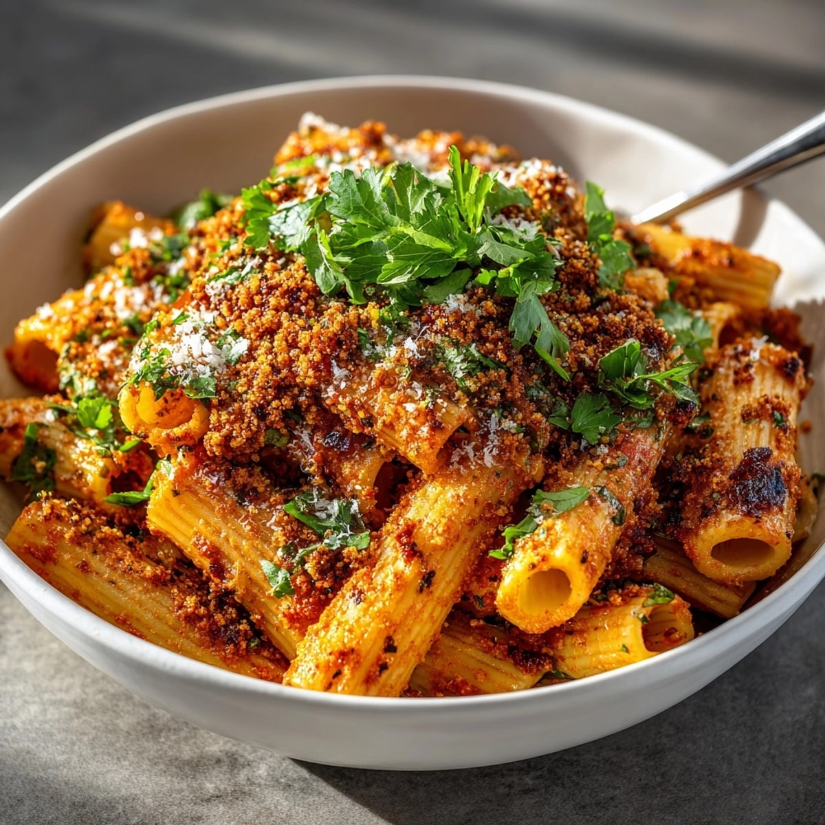 A close-up of the flavorful Ethiopian berbere pasta, red sauce and bread crumbs.