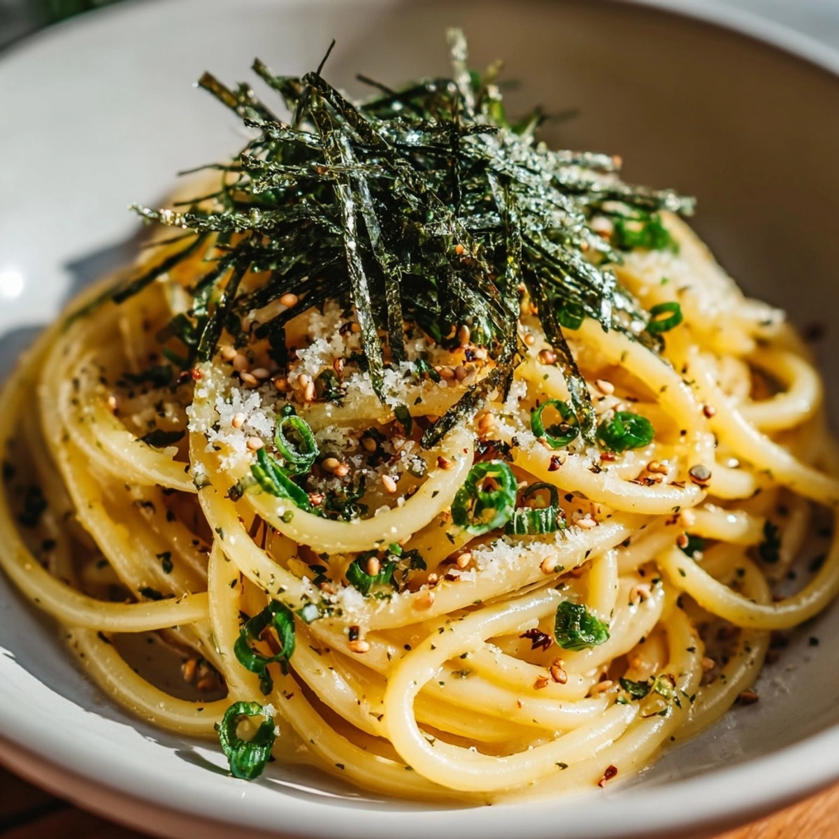 Creamy, glistening Miso Butter Bucatini, topped with nori flakes for a flavorful, satisfying pasta dish.
