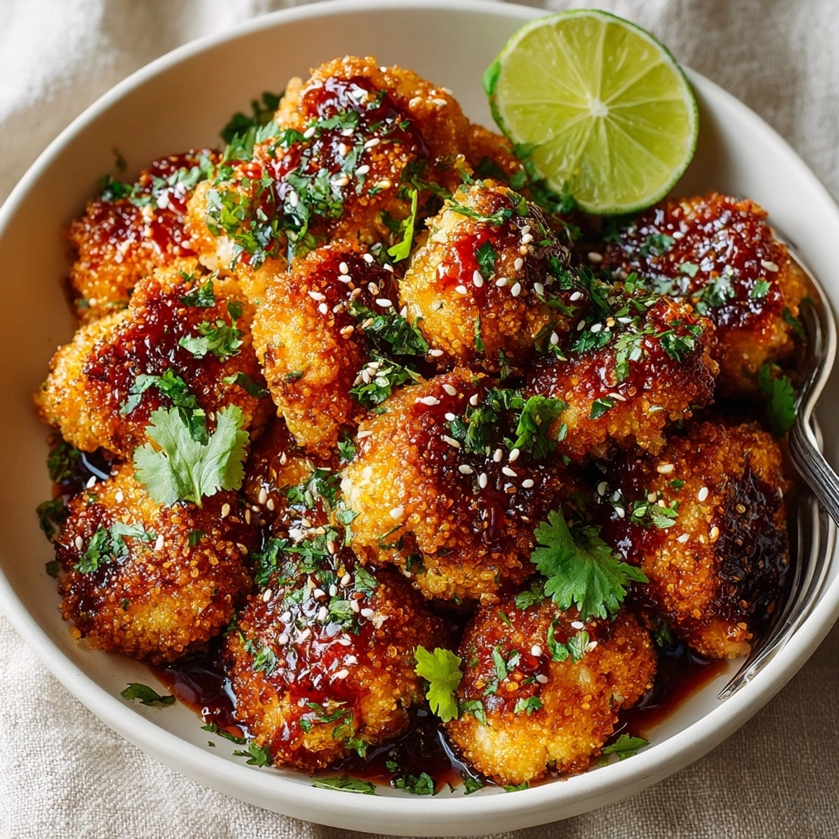 Crispy Honey Sriracha Cauliflower Bites, a delightful appetizer with vibrant red-orange glaze.