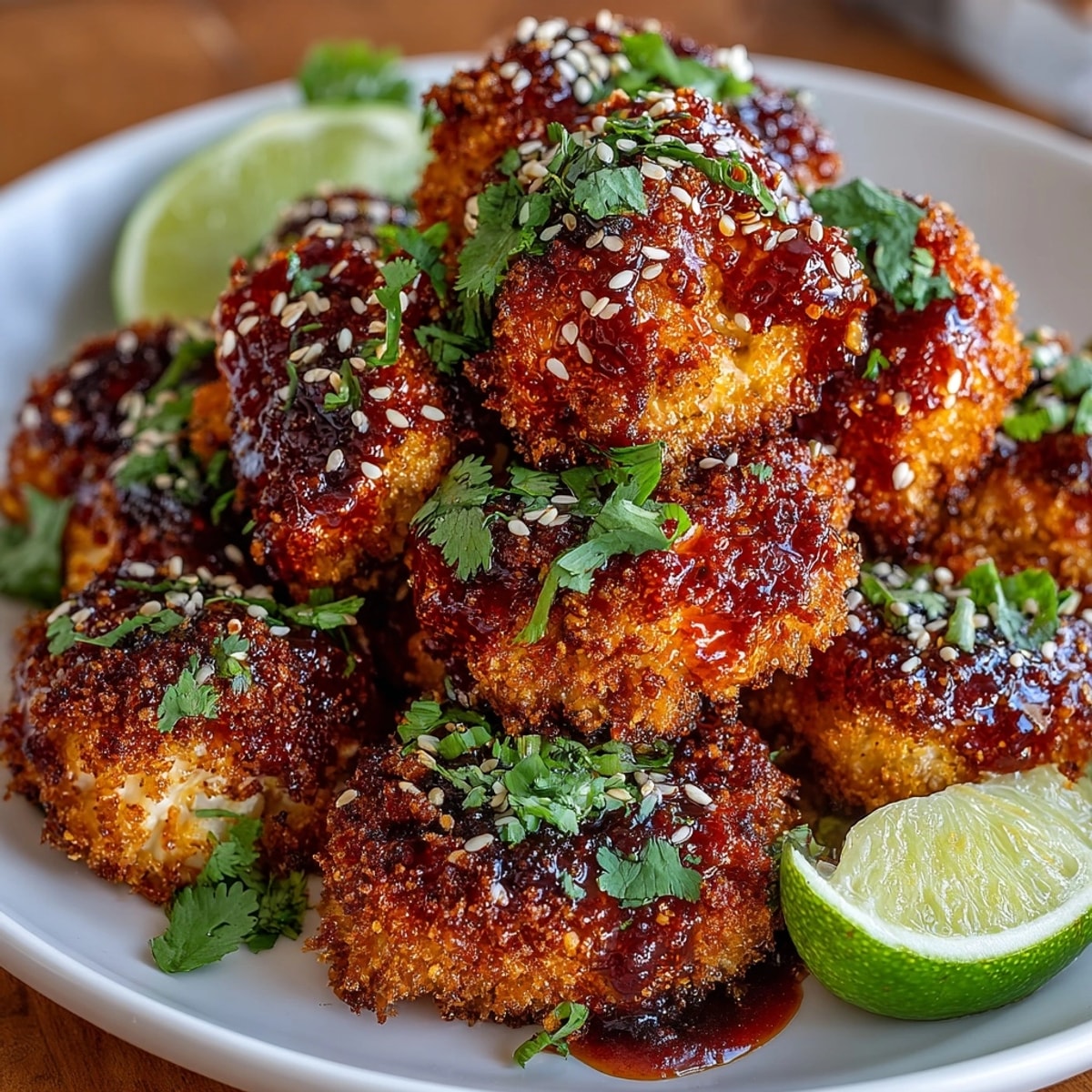 Golden, perfectly crisp Honey Sriracha Cauliflower Bites, ready to be tossed in a sweet and spicy sauce.