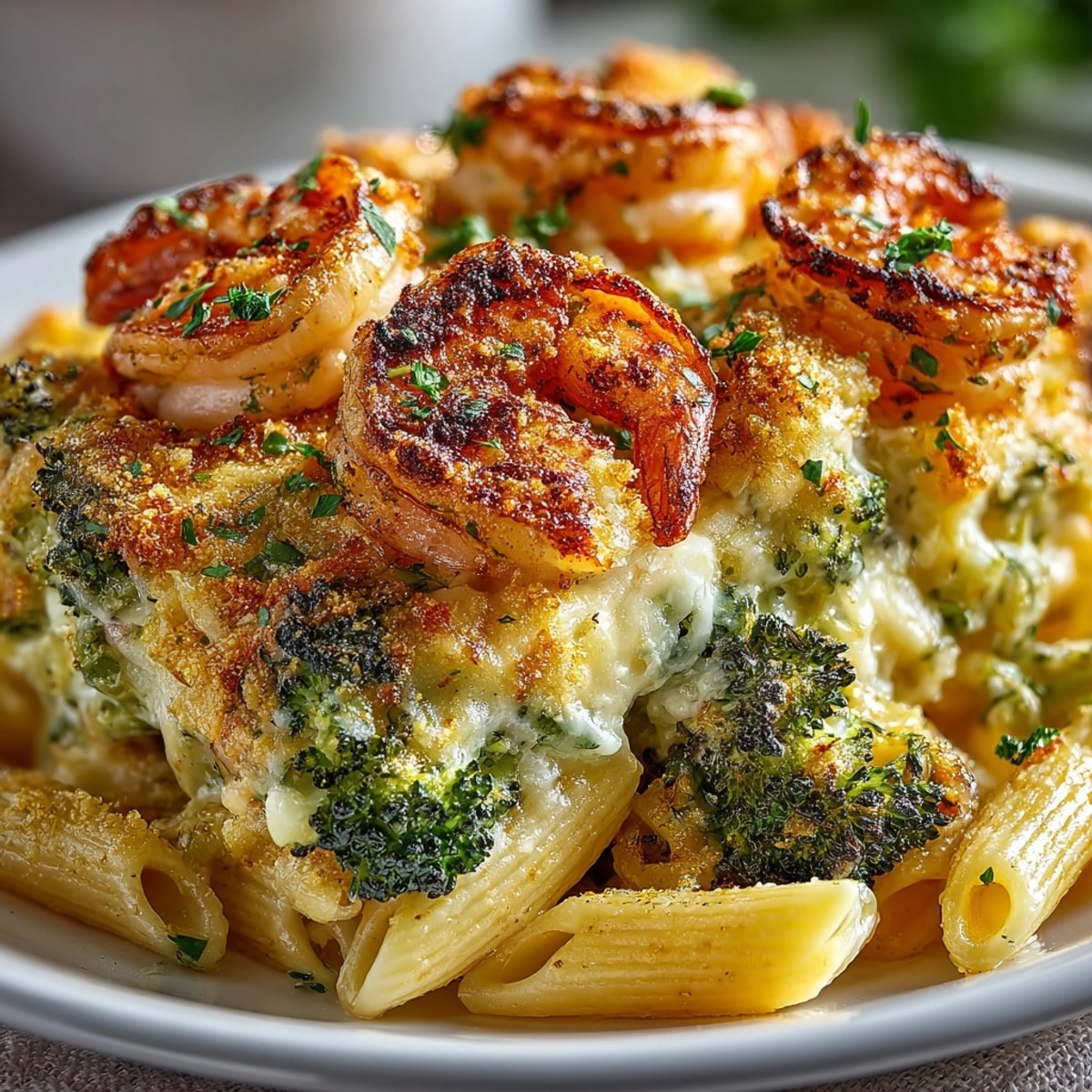 Shrimp and Broccoli Alfredo Bake bubbling golden in a casserole dish, garnished with fresh parsley.